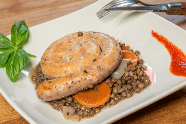 Saucisse de truite / lentilles